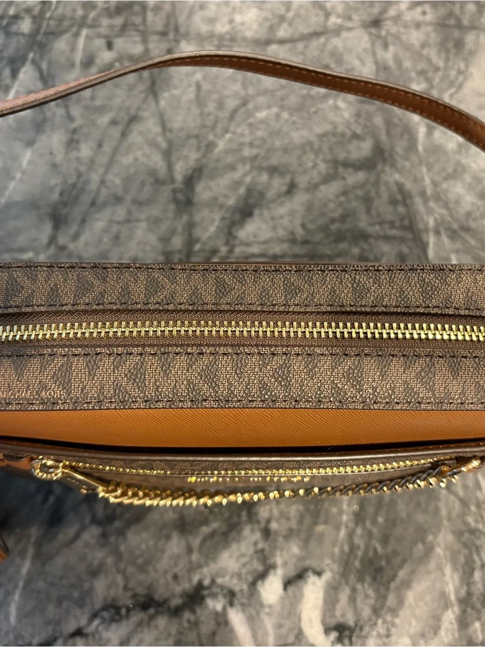 Michael Kors Brown & Tan Logo Crossbody with Gold Chain Detail